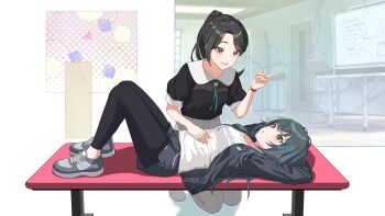 Rule 34 | 2girls, bench, black hair, chair, door, english text, gakuen idolmaster, game cg, green eyes, green hair, hand on another's stomach, idolmaster, jacket, kneeling, locker, lying, multiple girls, official art, on back, open mouth, pants, ponytail, purple eyes, short shorts, shorts, sportswear, tsukimura temari, voice trainer (gakuen idolmaster), watch, wheel, whiteboard, window, wristwatch