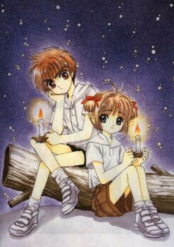 1990s_(style) 1boy 1girl brown_hair candle cardcaptor_sakura clamp couple kinomoto_sakura log retro_artstyle short_hair sitting