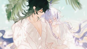 Rule 34 | 2boys, adam's apple, androgynous, arm hug, blue sky, blurry, blurry background, cheek tattoo, chinese commentary, closed eyes, closed mouth, collarbone, colored eyelashes, commentary request, crossed bangs, dappled sunlight, day, depth of field, double-parted bangs, fingernails, frilled shirt, frills, gatling pea (plants vs. zombies), green hair, grey hair, hair between eyes, hair ornament, head on another's shoulder, highres, jewelry, leaf, long hair, long hair between eyes, looking at another, male focus, medium hair, multiple boys, necklace, outdoors, pearl necklace, pectorals, personification, plants vs. zombies, plants vs. zombies 2, profile, shadow peashooter (plants vs. zombies), shirt, siiiiiiiiiii, simple background, sky, smile, sunlight, tattoo, trap, u u, upper body, very long hair, white eyelashes, white shirt, yellow eyes