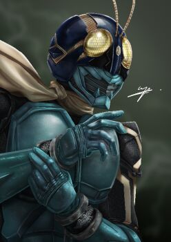 Rule 34 | 1boy, antennae, aqua armor, aqua gloves, armor, blue helmet, bug, compound eyes, cybalter 1021, gloves, grasshopper, helmet, insect, kamen rider, kamen rider 3, kamen rider drive (series), scarf, signature, solo, super hero taisen gp: kamen rider 3, tokusatsu, upper body, yellow eyes, yellow scarf