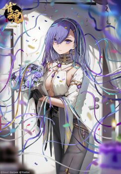 1girl absurdres armpits asymmetrical_bangs balloon black_gloves black_pants blurry blurry_foreground bouquet breasts cleavage_cutout clothing_cutout commentary_request company_name confetti copyright_logo copyright_notice cowboy_shot curtains cynthia_(mahjong_soul) detached_collar detached_sleeves door earrings flower gloves hair_ornament hairclip half_gloves high-waist_pants highres holding holding_bouquet inamori_ryusa indoors jewelry logo long_hair looking_at_viewer mahjong_soul medium_breasts official_art pants purple_eyes purple_hair second-party_source shadow shirt shirt_tucked_in smile solo standing white_shirt