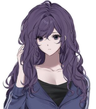 Rule 34 | 1girl, alternate hairstyle, asahina mafuyu, black shirt, bloodshot eyes, blue eyes, blue jacket, borrowed clothes, breasts, cleavage, closed mouth, collarbone, commentary request, cosplay, expressionless, hair between eyes, hair down, hand in own hair, hand up, jacket, komeng 64, korean commentary, large breasts, long hair, looking at viewer, project sekai, purple hair, shirt, sidelocks, simple background, solo, straight-on, three-quarter sleeves, track jacket, undersized clothes, upper body, wavy hair, white background, yoisaki kanade, yoisaki kanade (cosplay)