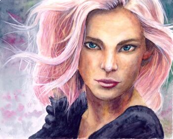 1girl blue_eyes blue_shirt closed_mouth commentary_request expressionless forehead long_hair looking_at_viewer original painting_(medium) pink_hair pink_lips portrait realistic shirt solo sorao_umino traditional_media watercolor_(medium)
