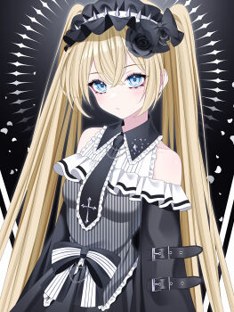 1girl absurdres black_bow black_flower black_necktie black_rose blonde_hair blue_eyes bow clothing_cutout flower frilled_shirt_collar frills gothic_lolita hairband highres lolita_fashion lolita_hairband long_hair long_sleeves looking_at_viewer necktie original rose shirt shoulder_cutout spiked_hairband spikes striped_clothes striped_shirt twintails unmoving_pattern upper_body wanko_(yurika0320)