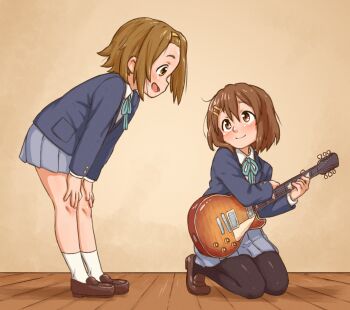 2girls beachepisode blue_skirt blush brown_eyes brown_hair brown_pantyhose brown_shoes closed_mouth commentary double-parted_bangs english_commentary guitar hair_between_eyes hair_ornament hairband hairclip hands_on_own_knees highres hirasawa_yui holding holding_guitar holding_instrument instrument k-on! kneeling leaning_forward loafers long_sleeves looking_at_another multiple_girls open_mouth pantyhose parallel_hairclips pleated_skirt sakuragaoka_high_school_uniform school_uniform shoes short_hair skirt smile socks tainaka_ritsu white_socks yellow_hairband