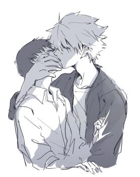 Rule 34 | 2boys, blush, closed eyes, collared shirt, cropped torso, french kiss, greyscale, height difference, ikari shinji, kiss, long sleeves, male focus, monochrome, multiple boys, nagisa kaworu, neon genesis evangelion, shirt, short hair, simple background, undershirt, upper body, white background, yaoi, yorumi1117