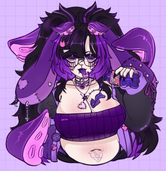belly breadwithbutterexe breasts chubby_body cleavage eyeliner goth_bunny goth_fashion goth_vtuber gothbunny gothybunz gothybunz_(vtuber) gothybunzva highres hood hoodie indie_virtual_youtuber indie_vtuber jacket large_breasts lewdtuber makeup moutain_dew mtn_dew mutlicolored_hair pouring pouring_onto_self pubic_tattoo purple_hair rabbit_ears runny_makeup soda sweater tattoo tentacle_tail tentacles tummy_fold