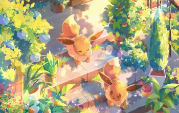 animal_focus artist_request berry_(pokemon) brown_eyes bush cherubi closed_eyes dot_nose eevee flower_pot gen_1_pokemon gen_4_pokemon grass leppa_berry light_particles nintendo no_humans open_mouth oran_berry plant pokemon pokemon_(creature) pokemon_focus pokemon_tcg potted_plant railing second-party_source sitrus_berry smile stairs