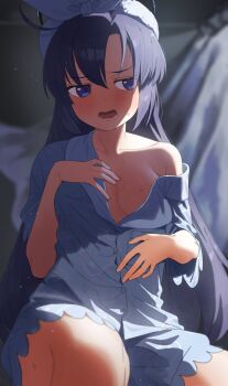 Rule 34 | 1girl, blue archive, blue eyes, blue pajamas, blush, breasts, cleavage, collarbone, commentary, curtained hair, curtains, floating curtains, hair between eyes, hair ribbon, hairband, hand on own chest, hand on own stomach, highres, indoors, long hair, looking to the side, medium breasts, official alternate costume, pajamas, partially unbuttoned, purple eyes, purple hair, ribbon, sanso aki, shirt partially removed, short sleeves, sidelocks, sitting, solo, sweat, sweatdrop, wavy mouth, white hairband, white ribbon, yuuka (blue archive), yuuka (pajamas) (blue archive)