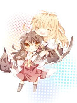 Rule 34 | 2girls, bad id, bad pixiv id, blonde hair, braid, brown eyes, brown hair, female focus, hakurei reimu, kirisame marisa, multiple girls, nayuta (scarlet-noize), side braid, smile, touhou