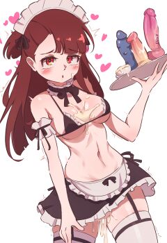 1girl absurdres apron asymmetrical_bangs bare_shoulders bikini black_bikini black_ribbon black_skirt blue_sex_toy blush breasts brown_hair closed_mouth commentary cowboy_shot cum cum_in_container cum_in_cup cum_on_body cum_on_chest cum_on_sex_toy cumdrip cup detached_collar dildo english_commentary facial flying_sweatdrops frilled_apron frilled_bikini frilled_skirt frills furrowed_brow garter_straps heart highres holding holding_tray kagari_atsuko little_witch_academia long_hair looking_at_viewer madabau maid maid_bikini maid_headdress medium_breasts miniskirt navel neck_ribbon pink_sex_toy red_eyes ribbon sex_toy simple_background skirt solo standing stomach swimsuit teacup thighhighs tray trembling unconventional_maid waist_apron white_apron white_background white_thighhighs