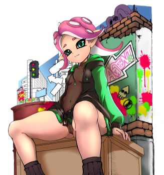 1girl 2024 20s :3 agent_8_(splatoon) animal arm_support arrow_(symbol) black_hoodie black_leotard breasts building cameltoe city collarbone covered_erect_nipples exchi.exconner graffiti green_eyes hood hoodie leotard leotard_under_clothes long_hair long_sleeves looking_at_viewer navel nintendo octoling octoling_girl octoling_player_character octopus octopus_girl open_clothes open_hoodie paint_splatter pink_hair pointy_ears sign sitting sky small_breasts smile splatoon_(series) spray_paint suction_cups tentacle_hair traffic_light