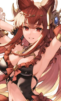 1girl animal_ears anthuria armpits arms_behind_head breasts cleavage commentary_request granblue_fantasy highres koretsuki_azuma long_hair looking_at_viewer medium_breasts navel red_hair simple_background smile solo white_background