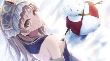 Rule 34 | 1girl, atelier (series), atelier meruru, atelier totori, borubikku, breasts, brown eyes, brown hair, detached sleeves, downblouse, headdress, highres, looking at viewer, looking back, nipple slip, nipples, outdoors, smile, snow, snowman, solo, totooria helmold