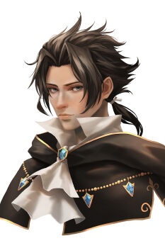1boy ascot black_capelet blue_eyes blue_gemstone brown_hair capelet closed_mouth commentary cyrus_albright gem gold_trim hair_ribbon highres looking_at_viewer looking_to_the_side low_ponytail male_focus octopath_traveler octopath_traveler_i parted_bangs ponytail redpoke ribbon solo upper_body white_ascot white_background white_ribbon