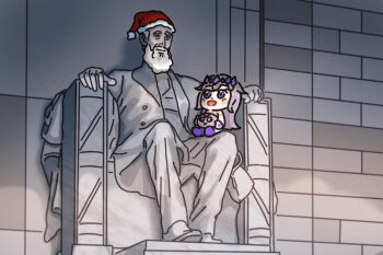 1girl 2others abraham_lincoln beard bing_huyue blush_stickers chibi commentary english_commentary facial_hair gem gem_hair_ornament hair_flaps hand_jewel hat highres hololive hololive_english koseki_bijou koseki_bijou_(1st_costume) lincoln_memorial long_hair multiple_others open_mouth pebble_(koseki_bijou) purple_eyes purple_gemstone purple_hair santa_hat sitting sitting_on_lap sitting_on_person statue united_states virtual_youtuber washington_d.c. white_beard