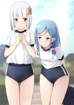 2girls black_buruma blue_hair blue_sky braid buruma cloud commentary_request day granbelm green_eyes gym_shirt gym_uniform hakamada_suishou leaning_forward long_hair multiple_girls outdoors red_eyes shibacha shirt short_hair single_braid sky smile t-shirt thigh_gap tsuchimikado_kuon white_hair white_shirt