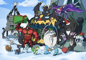 absurdres aipom alolan_diglett alolan_form antennae aqua_eyes aqua_pupils bidoof blacephalon blue_sky box brown_eyes buzzwole christmas christmas_lights closed_eyes closed_mouth clothed_pokemon cloud commentary crossed_arms darumaka day deino_(pokemon) elf_hat elgyem english_commentary fake_antlers fake_beard fake_facial_hair floating gen_2_pokemon gen_3_pokemon gen_4_pokemon gen_5_pokemon gen_6_pokemon gen_7_pokemon gift gift_box goomy green_hat guzzlord hat highres holding holding_box holding_gift kartana legendary_pokemon mudkip muscular naganadel necrozma necrozma_(normal) nihilego nintendo open_mouth outdoors pheromosa pokemon pokemon_(creature) pokemon_focus purple_eyes red_hat rowlet santa_hat sky smile snivy snow spino_(spinoone) stakataka striped_hat teeth tentacles two-tone_hat ultra_beast wooper wynaut xurkitree