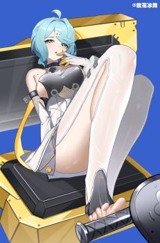 1girl absurdres ahoge alternate_breast_size_(larger) bare_shoulders blue_background blue_eyes blue_hair blurry blurry_foreground breasts clothing_cutout commentary_request detached_sleeves finger_to_mouth flower_hairpin full_body gloves guhuabingwu hair_ornament hairpin half-closed_eyes highres looking_at_viewer medium_breasts mole mole_on_shoulder open_mouth ribbon see-through_dress_layer seed_(zenless_zone_zero) segway sitting solo stirrup_legwear thigh_cutout toeless_legwear toes twitter_username white_gloves yellow_ribbon zenless_zone_zero