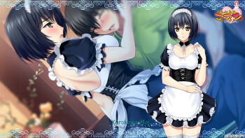 1girl alice_soft apron arm_up black_hair bob_cut breasts brown_eyes character_name heartful_maman highres kurokawa_mai large_breasts maid maid_apron maid_headdress official_art official_wallpaper onigirikun short_hair solo_focus