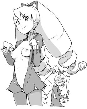 blush breasts commentary_request dress drill_hair embarrassed greyscale heriyama long_hair luna_platz_(mega_man) mega_man_(series) mega_man_star_force_(series) monochrome nipples pantyhose pussy pussy_peek simple_background smile twin_drills very_long_hair white_background