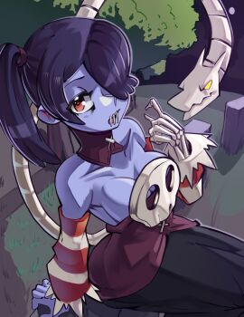 1girl absurdres bare_shoulders black_skirt blue_hair blue_skin bone breasts cleavage collar colored_skin commentary cowboy_shot detached_collar detached_sleeves dress english_commentary full_moon grass graveyard hair_over_one_eye highres large_breasts leviathan_(skullgirls) long_hair long_skirt looking_at_viewer moon moxydraws night object_through_head open_mouth red_collar red_dress red_eyes side_ponytail sitting sitting_on_tombstone skeletal_arm skirt skull skullgirls solo squigly_(skullgirls) stitched_mouth stitches striped_sleeves tombstone tree yellow_eyes zombie