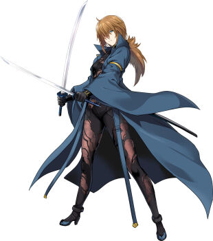 1girl androgynous black_gloves blue_coat brown_hair choukou_(alicesoft) choukou_taisen_escalation_heroines coat crossed_swords dual_wielding full_body gloves highres holding holding_sword holding_weapon kazakura_amane looking_at_viewer low_ponytail official_art onigirikun open_clothes open_coat ponytail solo sword tachi-e torn_clothes weapon