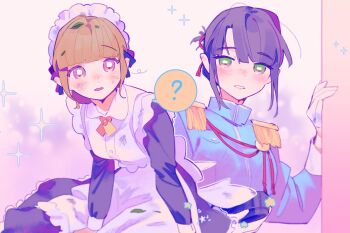 2girls ? alternate_costume black_hair blue_jacket blue_pants blunt_bangs blush breasts cho_toutoi_love colored_speech_bubble commentary dress epaulettes highres holding jacket kachimachi_kosuzu leaf leaf_on_head link!_like!_love_live! long_dress love_live! maid maid_headdress medium_breasts momose_ginko multiple_girls official_alternate_costume open_mouth pants pink_eyes pipi_(m1x_mix) ponytail prince short_hair short_ponytail sidelocks simple_background sitting speech_bubble spoken_question_mark standing symbol-only_commentary virtual_youtuber walking white_background