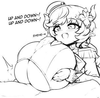 animal bestiality breasts carmelina_(granblue_fantasy) draph english_text fang gigantic_breasts granblue_fantasy hair_ornament hat highres horns monochrome necktie paizuri paizuri_under_clothes pldf pointy_ears short_hair smile