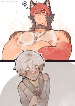 2boys ? animal_ear_fluff animal_ears bara black_choker black_hair chinese_clothes choker closed_mouth commentary crossed_arms dog_boy english_commentary green_eyes grey_hair hair_between_eyes highres jewelry komano_manato looking_at_another male_focus multicolored_hair multiple_boys necklace nipples official_alternate_costume ordernumber069 red_bandage red_eyes red_hair scar scar_on_face see-through_clothes see-through_shirt shadow shiny_skin shirt short_hair shoulder_hair sparkle stapled tank_top thick_eyebrows twitter_username white_tank_top wise_(soaring_crane)_(zenless_zone_zero) wise_(zenless_zone_zero) yaoi zenless_zone_zero