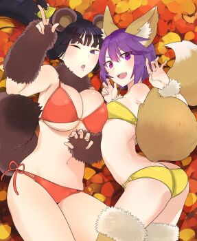 2girls :d animal_ear_fluff animal_ears autumn autumn_leaves bandeau bare_shoulders bikini black_hair breasts claw_pose cleavage commentary_request ebino_mei fake_animal_ears fangs fox_ears fox_tail hair_between_eyes hatsukoi_zombie high_ponytail highres holding holding_leaf ibusuki_ririto large_breasts leaf looking_at_viewer lying minenami_ryou multiple_girls official_art on_back on_side one_eye_closed open_mouth ponytail purple_eyes purple_hair raccoon_ears raccoon_tail red_bikini scrunchie side-tie_bikini_bottom small_breasts smile swimsuit tail wrist_scrunchie yellow_bandeau yellow_bikini