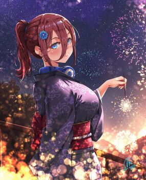 1girl blue_eyes blush breasts fireworks floral_print floral_print_kimono go-toubun_no_hanayome holding holding_fireworks japanese_clothes jk_arts kimono large_breasts looking_at_viewer medium_hair nakano_miku print_kimono purple_kimono red_hair red_sash sash signature smile solo