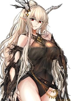 1girl absurdres arknights black_one-piece_swimsuit blonde_hair breasts commentary cowboy_shot hair_between_eyes hand_up highres horns large_breasts long_hair looking_at_viewer official_alternate_costume one-piece_swimsuit parted_lips pointy_ears red_eyes sakutein_oekaki shining_(arknights) shining_(silent_night)_(arknights) simple_background solo standing swimsuit twitter_username watermark white_background white_horns