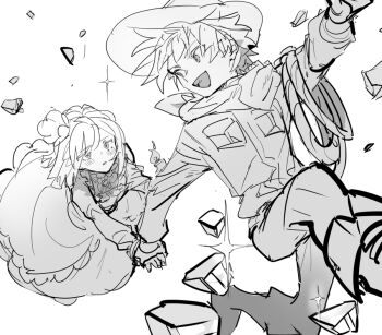 Rule 34 | 1boy, 1girl, adventurer cookie, bad id, bad twitter id, blackberry cookie, blush, candle, cookie run, dress, eye contact, flower, from above, gothic lolita, greyscale, hair flower, hair ornament, hand on another's arm, hat, humanization, inactive account, lolita fashion, long sleeves, looking at another, looking down, looking up, medium hair, monochrome, nana (ebitokanimiso), neckerchief, open mouth, painttool sai (medium), rope, shirt, short hair, simple background, sketch, smile, white background