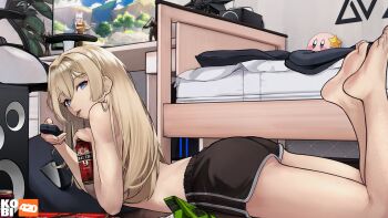 1girl artist_logo artist_name ass baltika_(beer) bare_shoulders barefoot bed beer_can black_shorts blonde_hair blue_eyes borrowed_character breasts brown_sports_bra can cellphone chair chips_(food) chopsticks ciri commentary commission controller desk drink_can eating english_commentary feet_up food food_in_mouth from_side full_body geralt_of_rivia hair_between_eyes highres holding holding_can holding_controller holding_remote_control indoors kirby kobi420 large_breasts logo long_hair looking_at_viewer lying mole mole_under_eye monitor office_chair on_stomach original phone plant remote_control sasha_(foxyreine) shorts sidelocks smartphone solo sports_bra subwoofer swivel_chair the_witcher_(series) the_witcher_3 witcher_medallion wooden_floor