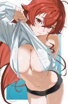 1girl absurdres ahoge black_shorts blue_background blush border breasts cleavage closed_mouth clothes_lift collarbone commentary_request cowboy_shot crossed_bangs dolphin_shorts eris_greyrat groin hair_between_eyes highres large_breasts lifting_own_clothes long_hair looking_at_viewer mushoku_tensei navel red_eyes red_hair rkgktomato shirt shirt_lift shorts sidelocks single_bare_shoulder solo standing stomach sweat teasing thigh_gap underboob very_long_hair white_border white_shirt