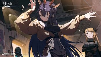 ! 1other 2girls ambiguous_gender animal_ears antlers arknights arms_under_breasts black_sweater blonde_hair breasts brown_jacket chinese_commentary closed_eyes commentary_request company_name copyright_name cowboy_shot crossed_arms deer_antlers deer_ears deer_girl demon_horns doctor_(arknights) extra_ears flyer highres horns jacket mask medium_breasts meteorite_(arknights) multiple_girls nail_polish official_art open_clothes open_jacket pointy_ears ribbed_sweater sleeveless sleeveless_sweater speaker stage_lights sweater tsukinogi_(arknights) watermark yellow_eyes yellow_nails