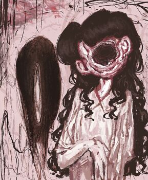 1girl black_hair collared_dress commentary_request curly_hair dress faceless gestart333 horror_(theme) limited_palette long_hair long_sleeves original solo upper_body white_background white_dress