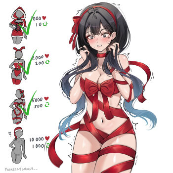 1girl black_hair blue_eyes blush breasts cleavage facial_mark heart heart_facial_mark highres like_and_retweet long_hair medium_breasts mole mole_under_eye nabi_(wonnikon) naked_ribbon navel original red_ribbon ribbon solo trembling twitter_strip_game white_background wonnikon
