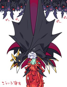 1boy ascot bad_tag bat_(animal) bat_wings black_cape black_wings cape claws closed_eyes closed_mouth colored_skin full_body gold_claws gold_trim hanging_upside-down head_wings helmet high_collar inu_fuji japanese_text long_hair monster_boy one-eyed original pointy_ears red_cape red_eyes red_hair ronobe_(inu_fuji) sidelocks simple_background single_eye two-sided_fabric upside-down vampire white_ascot white_background wings