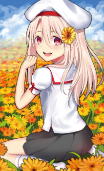 Rule 34 | 1girl, :d, black skirt, blonde hair, blush, cloud, day, fate/kaleid liner prisma illya, fate (series), field, flower, flower field, full body, hair between eyes, hair flower, hair ornament, hat, illyasviel von einzbern, kuraka, long hair, looking at viewer, magical girl, miniskirt, open mouth, outdoors, puffy sleeves, red eyes, school uniform, short sleeves, sitting, skirt, sky, smile, solo, sunflower, teeth, yellow flower