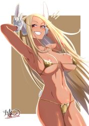 Rule 34 | 1girl, :d, absurdres, animal ears, armpits, arms up, bikini, boku no hero academia, border, breasts, collarbone, covered erect nipples, dark-skinned female, dark skin, gloves, gold bikini, highres, large breasts, linea alba, long eyelashes, long hair, looking at viewer, micro bikini, mirko, navel, open mouth, parted bangs, rabbit ears, rabbit girl, rabbit tail, red eyes, signature, skindentation, smile, solo, stomach, swimsuit, tail, thighs, toned female, ushio shinshia, v, very long hair, white border, white gloves, white hair