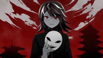 1boy ahoge androgynous architecture arm_at_side building cloud cloudy_sky corundamu curled_fingers east_asian_architecture expressionless facing_viewer hair_between_eyes hand_up highres holding holding_mask long_sleeves looking_at_viewer male_focus mask medium_hair nintendo outdoors parted_lips pokemon pokemon_adventures queen_(vocaloid) red_eyes red_hair red_sky red_theme shirt sidelocks silver_(pokemon) sky slit_pupils standing turtleneck turtleneck_shirt unworn_mask upper_body