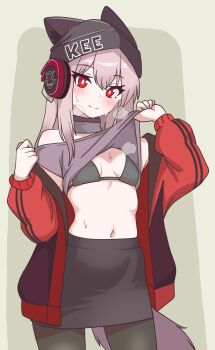 1girl alt_text animal_ears arknights bare_shoulders behind-the-head_headphones black_bra black_hat black_pantyhose black_skirt blush bra breasts breath bright_pupils clothes_lift clothes_writing commentary_request cowboy_shot eggplant7217 frostleaf_(arknights) grey_background grey_hair grey_shirt hat headphones highres hot jacket lifting_own_clothes long_sleeves medium_hair miniskirt navel off_shoulder pantyhose pencil_skirt red_eyes red_jacket shirt shirt_lift skirt small_breasts solo standing tail underwear white_pupils