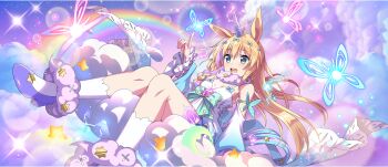 1girl :d ahoge animal_ears ankle_cuffs aqua_bow arm_strap arm_support armpit_crease bare_shoulders bell_sleeves blonde_hair blue_bow blue_butterfly blue_clouds blue_dress blue_eyes blue_sleeves bow braid breasts brooch bug butterfly choker cleavage cloud cloudy_sky detached_sleeves dress dress_bow electricity fairy fur_choker game_cg glowing_butterfly gradient_sleeves hair_bow hand_up high_heels highres horns horse_ears index_finger_raised insect iris_(konosuba) jewelry kemonomimi_mode kneehighs knees_together_feet_apart kono_subarashii_sekai_ni_shukufuku_wo! konosuba!_fantastic_days layered_sleeves leg_tattoo long_hair looking_at_creature multicolored_hair multiple_hair_bows official_alternate_costume official_alternate_hair_color official_art on_cloud open_mouth pink_butterfly pink_choker pink_clouds pink_streaks purple_footwear rainbow side_braid single_horn sitting sky sleeveless sleeveless_dress small_breasts smile socks solo spaghetti_strap star_(sky) star_(symbol) star_brooch starry_sky streaked_hair sundress tattoo teeth two-tone_dress two-tone_hair two-tone_sleeves unicorn_girl upper_teeth_only white_dress white_sleeves white_socks