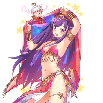 1girl armlet arms_up blush bracer cowboy_shot dancer flute headdress instrument jewelry looking_at_viewer monkey musical_note navel official_art open_mouth pelvic_curtain popqn princess_cheshire_freesia purple_eyes purple_hair thigh_strap transparent_background uchi_no_hime-sama_ga_ichiban_kawaii