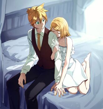 1boy 1girl adolescence_(vocaloid) arm_hug bed black_pants blonde_hair brother_and_sister brown_vest commentary dress frilled_dress frills green_eyes hair_ornament hairpin kagamine_len kagamine_rin necktie nigatsumikka orange_necktie pants ponytail short_ponytail siblings sitting twins vest vocaloid white_dress yellow_nails yokozuwari