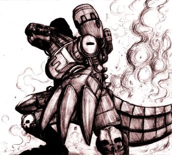 android armor artist_request cannon claws digimon digimon_(creature) fangs full_armor highres machine mecha monochrome mugendramon no_humans open_mouth robot shaded_face simple_background solo standing tail wire