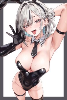 1girl absurdres amaki_daisuke animal_ears arm_behind_head armpits bare_shoulders black_hair black_leotard black_necktie black_streaks black_thighhighs breasts cleavage commentary_request cross cross_earrings detached_collar earrings fake_animal_ears fellatio_gesture grey_eyes highres jewelry large_breasts leotard mole mole_on_breast multicolored_hair necktie open_mouth original piercing playboy_bunny rabbit_ears shirakaze_yua_(amaki_daisuke) single_thighhigh solo standing streaked_hair thigh_strap thighhighs thighs tongue tongue_out