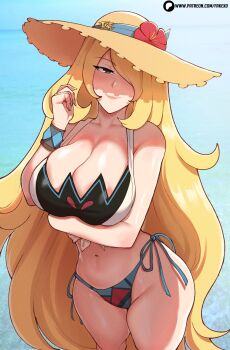 1girl absurdres bare_shoulders bikini blonde_hair breasts cleavage cowboy_shot cynthia_(pokemon) fake_(lord_socar) hair_over_one_eye hat highres large_breasts long_hair nintendo pokemon pokemon_dppt solo straw_hat swimsuit very_long_hair